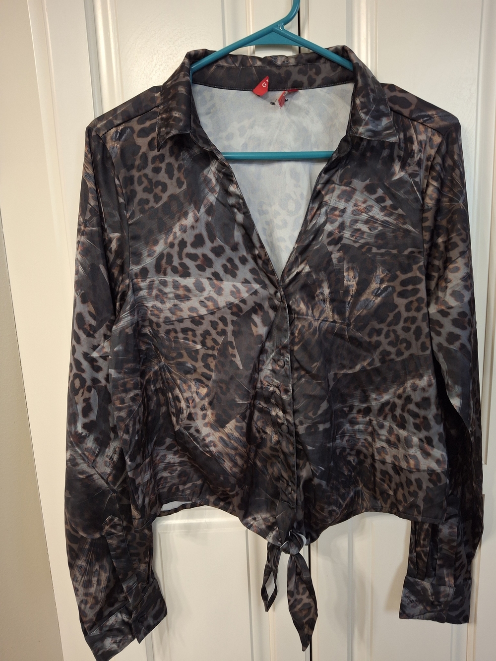 Guess Brown and Black Leopard Print Tie-Front Blouse